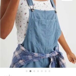 Aerie Railroad Stripes Bib Overalls Blue Pinstripe Chambray One Piece Sz L